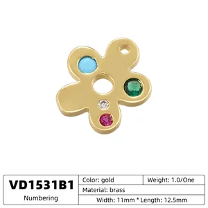 Golden brass five-petal flower pendant with colorful crystals for DIY jewelry making