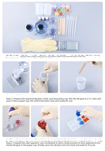 Macro detail of DIY epoxy resin kit showing 3:1 ratio AB glue and silicone molds
