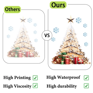 Detail comparing high-density Christmas tree stickers against low-quality alternatives