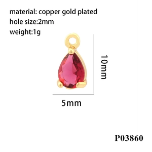 Technical drawing of a 10mm copper gold plated teardrop pendant with rose zircon detail