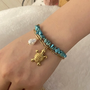 Double Layer Bracelet With Stainless Steel Turquoise And Artificial Pearl Sea Turtle Coconut Tree Beach Jewelry For Women