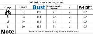 Detailed size chart for soft touch loose ski jacket including chest and length measurements