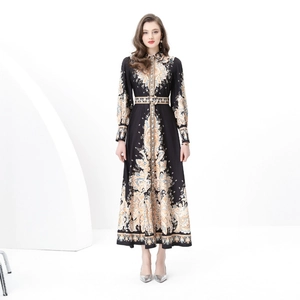 Vintage Baroque Paisley Printed Maxi Dress For Women Elegant Long Sleeve Belted Lapel Collar Palace Style A-Line