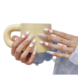 Handmade pearl white and pink blush press-on nails with silver chains and pearls