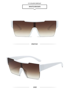 Front and side views of trendy rimless oversized sunglasses in white and brown