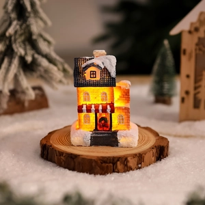 Luminous resin Christmas miniature house with warm LED light and snow details