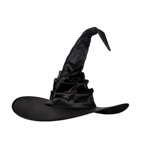 Detail of a black pleated wizard hat with a glossy satin finish for Halloween costumes