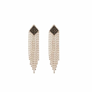 Silver needle rhombus earrings with black cubic zirconia and white crystal tassels