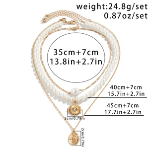 Detailed size and weight chart for a layered gold bead necklace with sun pendants