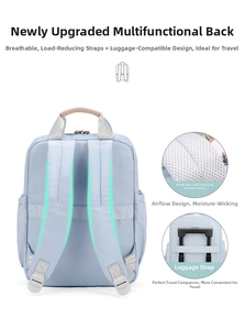 Light blue laptop backpack featuring breathable mesh straps and luggage trolley strap