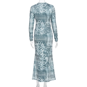 Detail view showing back of long sleeve maxi dress with blue and white geometric print