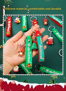Detail of silicone Santa Claus and Reindeer keychains with Merry Christmas straps