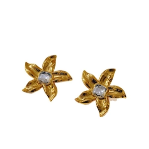 Gold stainless steel flower stud earrings with a large square clear crystal centerpiece