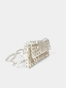 Detail of silver handmade woven beaded crossbody bag with white sequins and beads