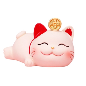 Pink and white lucky cat figurine with golden coin for Chinese New Year home decor