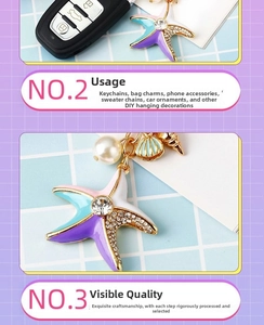 Detail of starfish keychain with enamel pearls and crystals on a blue grid background