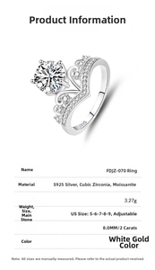 Detailed specifications of a S925 silver crown ring with a 2ct moissanite gemstone