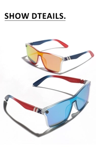 Detail view of colorful oversized sports sunglasses with American flag pattern on temples
