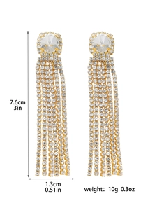 Detail view of sparkling rhinestone long tassel earrings showing 7.6cm length dimensions