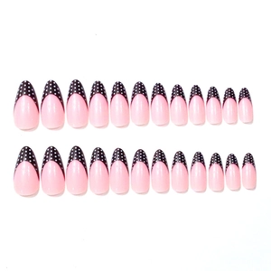 French tip almond press-on nails with autumn brown polka dot patterns, 24 piece set