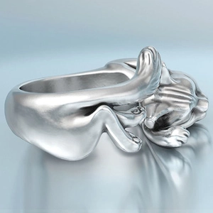 Adjustable silver cat ring featuring a cute sleeping kitten totem in a matte vintage finish