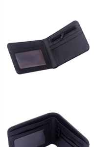 Detail view of the black bi-fold wallet interior featuring a clear ID window and zip pocket