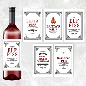 Étiquettes de vin amusantes pour Noël avec des motifs humoristiques de lutins et Père Noël