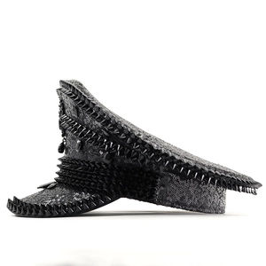 Punk style black sequin captain hat with gothic spikes and rhinestones for festivals