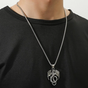 Vintage silver flying dragon pendant necklace with dragon bone chain for men street fashion