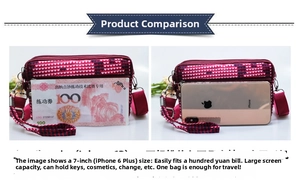 Detailed comparison of wine red patterned crossbody bag showing 7-inch phone capacity