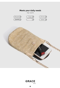 Straw weave mini crossbody bag showing internal capacity for phone and lipstick