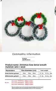 Detailed size comparison table for green and white edge Christmas wreaths with bow ties
