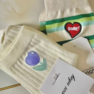 Women's cotton striped socks with heart embroidery and tulip patterns in light beige