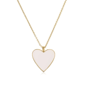 Close-up of golden fine chain necklace with a white enamel heart pendant detail