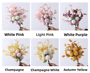 Detail showing six colors of artificial eucalyptus ball mum bouquets for home decoration