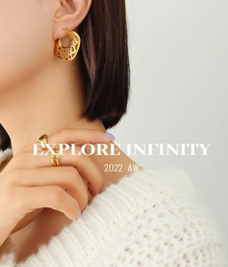 Détails de boucles d'oreilles évidées dorées et bague ouverte sur un mannequin chic