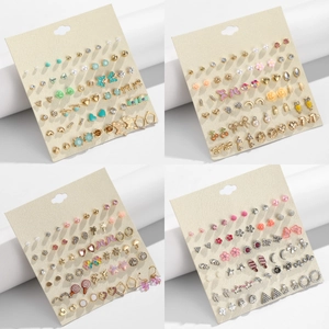 Set of 30 pairs assorted stud earrings featuring hearts butterflies and flowers