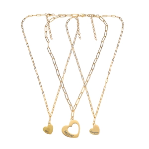 Gold stainless steel mother son daughter heart pendant necklace set with paperclip chains