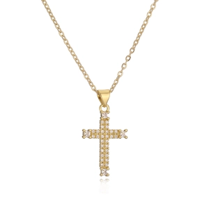 Collana con croce dorata di lusso da donna con zirconi scintillanti e catena a maglia O