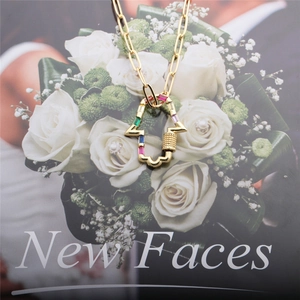 Hamsa hand necklace with colorful cubic zirconia and paperclip chain in 18k gold finish