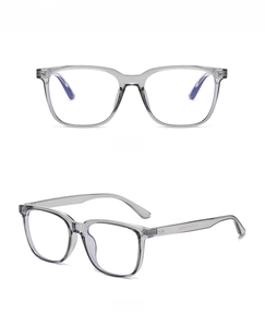 Detail view of grey square frame glasses showing front and 45-degree angle perspectives