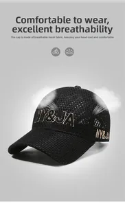 Detail of breathable mesh fabric and NY&JA embroidery on black baseball cap
