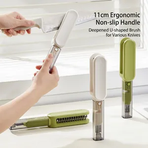 U-shaped kitchen knife cleaning brush with dual-sided bristles and safety hand guard