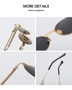 Detailed views of gold steampunk sunglasses featuring spring hinges and nose pads