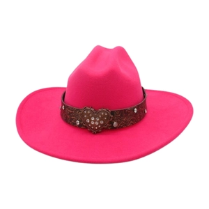 Detail of hot pink felt fedora hat featuring a vintage rhinestone heart buckle and studs
