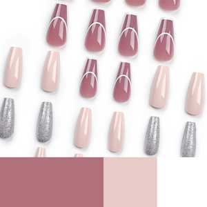 Pink and silver glitter press-on nails with French white lines in long ballerina shape