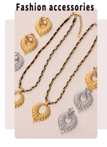 Flat lay of textured leaf jewelry set with gold and silver earrings and woven necklaces