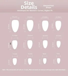 Size chart showing 24 press-on almond nails with detailed width and length measurements