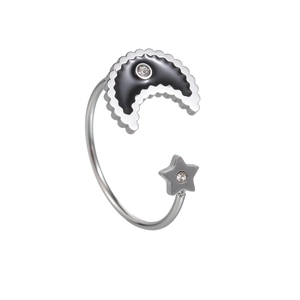 Adjustable silver titanium ring featuring a black enamel moon and star with small crystals
