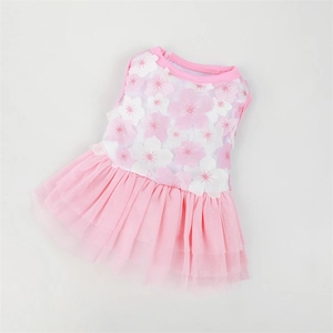 Detailed close-up of pink cherry blossom pet dress with breathable double-layer tulle skirt